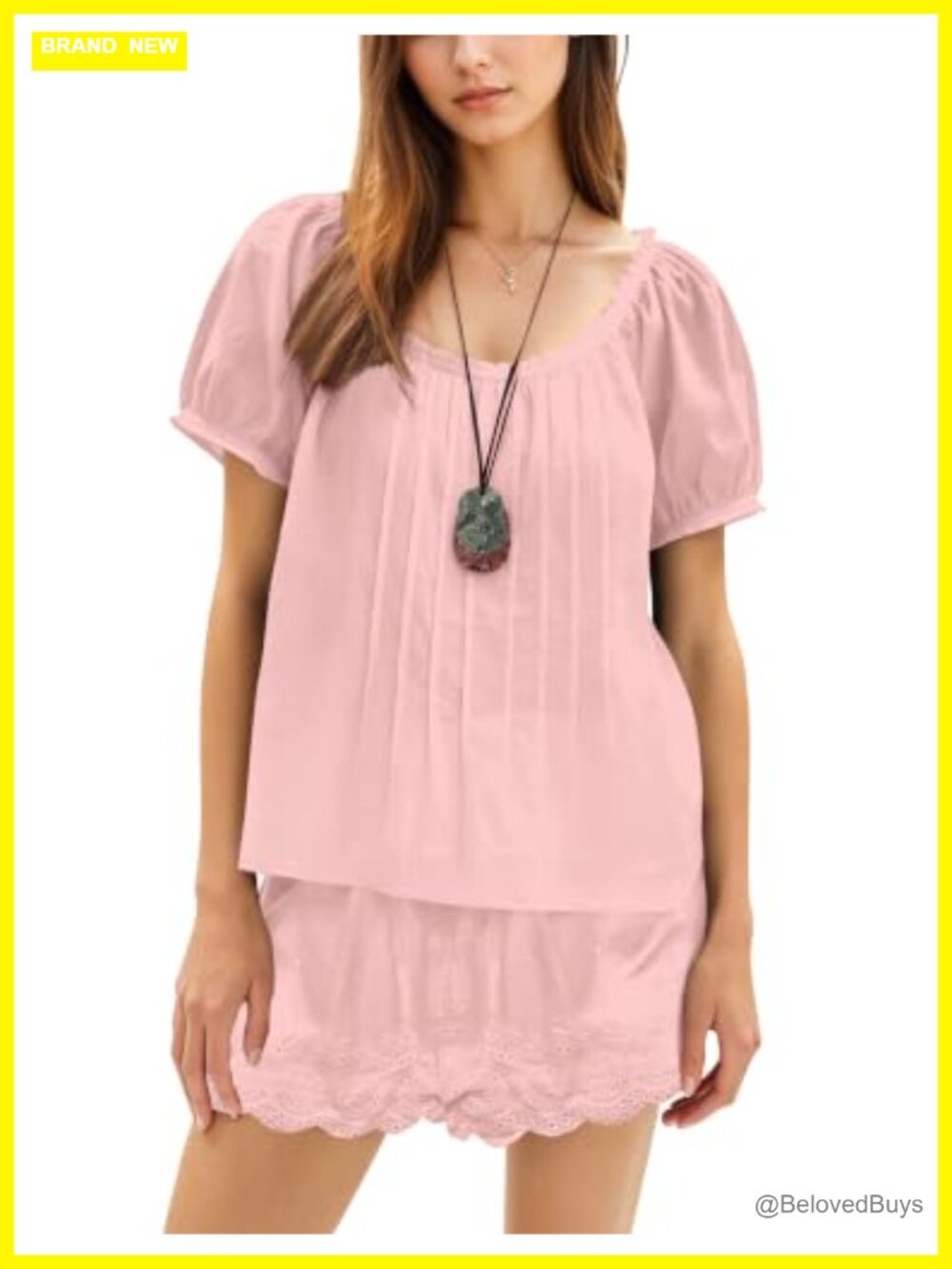 Women 2 Piece Shorts Set Cotton Puff Sleeve Babydoll Blouse Lace Shorts